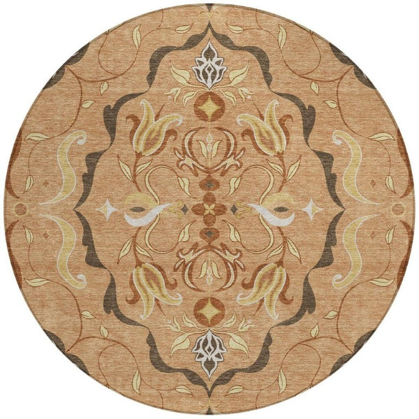 8' Copper and Orange Round Damask Washable Indoor Outdoor Area Rug