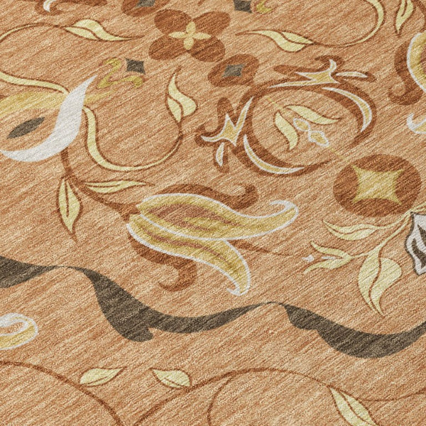 8' Copper and Orange Round Damask Washable Indoor Outdoor Area Rug