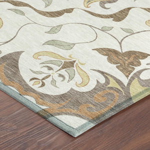 Damask Polyester Washable Indoor Outdoor Area Rug with Low Pile for Patio and Entryway