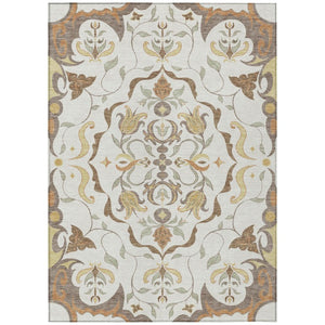 Damask Polyester Washable Indoor Outdoor Area Rug with Low Pile for Patio and Entryway