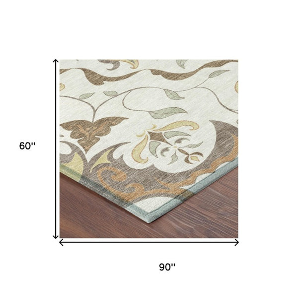 Damask Polyester Washable Indoor Outdoor Area Rug with Low Pile for Patio and Entryway