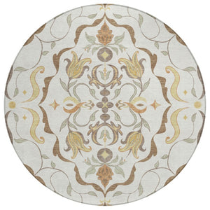 8 Foot Round Damask Polyester Area Rug Washable Indoor Outdoor Ivory Taupe
