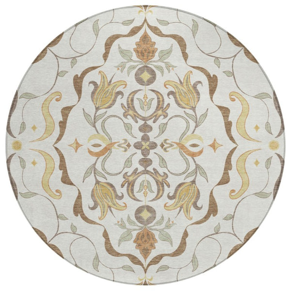 8 Foot Round Damask Polyester Area Rug Washable Indoor Outdoor Ivory Taupe