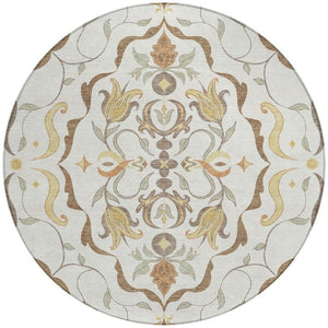 HomeRoots 8 Foot Round Damask Polyester Area Rug Washable Indoor Outdoor Ivory Taupe 733910