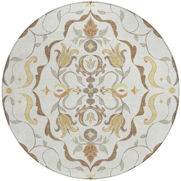 HomeRoots 8 Foot Round Damask Polyester Area Rug Washable Indoor Outdoor Ivory Taupe 733910