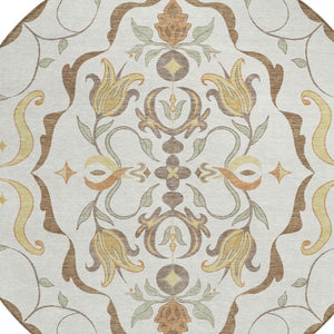 8 Foot Round Damask Polyester Area Rug Washable Indoor Outdoor Ivory Taupe