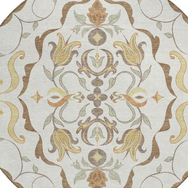 8 Foot Round Damask Polyester Area Rug Washable Indoor Outdoor Ivory Taupe