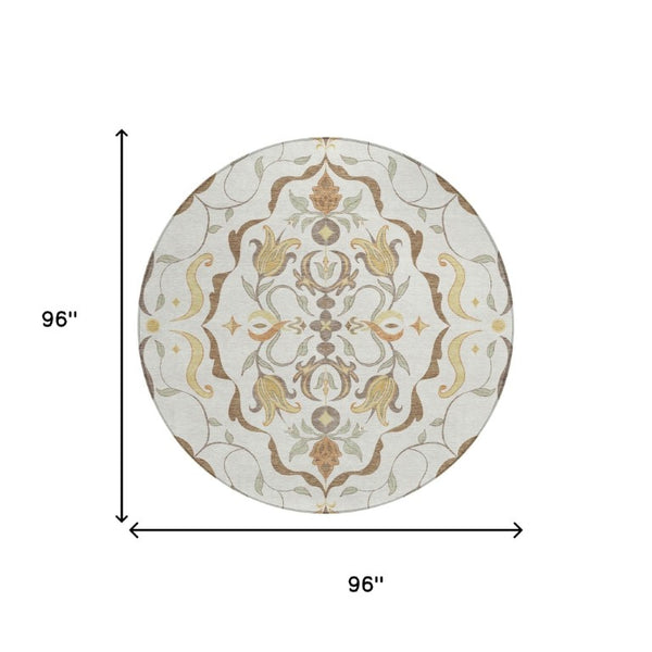 8 Foot Round Damask Polyester Area Rug Washable Indoor Outdoor Ivory Taupe