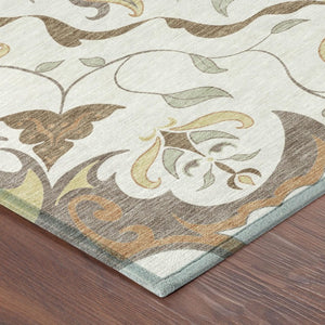 Damask Polyester Washable Indoor Outdoor Area Rug with Low Pile for Patio and Entryway