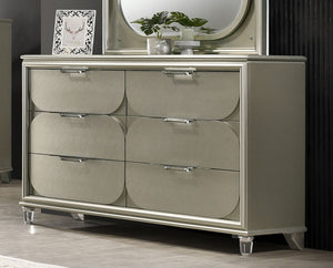 English Elm Contemporary Glam Acrylic-Handled 6-Drawer Dresser with Embossed Panels, Felt-Lined Jewelry Drawer Silver 66 L x 21 W x 40 H B2741P351980