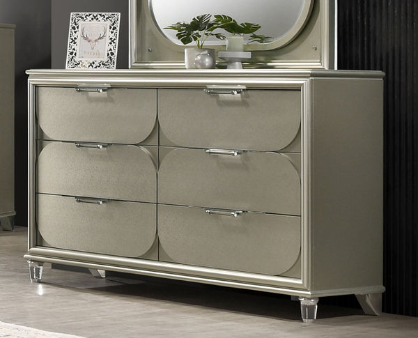English Elm Contemporary Glam Acrylic-Handled 6-Drawer Dresser with Embossed Panels, Felt-Lined Jewelry Drawer Silver 66 L x 21 W x 40 H B2741P351980