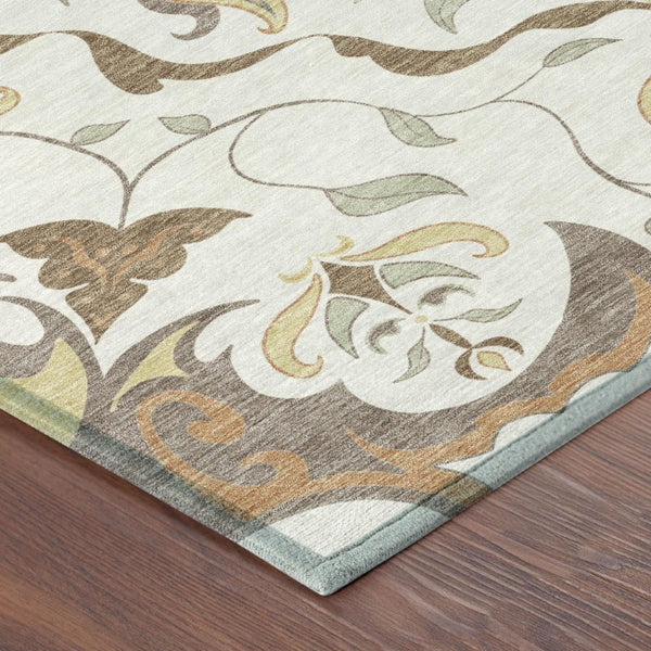 Damask Polyester Washable Indoor Outdoor Area Rug with Low Pile for Patio and Entryway