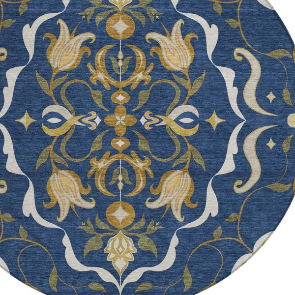 HomeRoots 8 Foot Round Damask Polyester Area Rug Navy Blue Indoor Outdoor Washable 733916