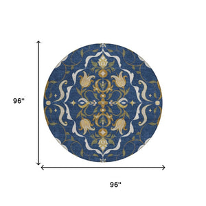 8 Foot Round Damask Polyester Area Rug Navy Blue Indoor Outdoor Washable