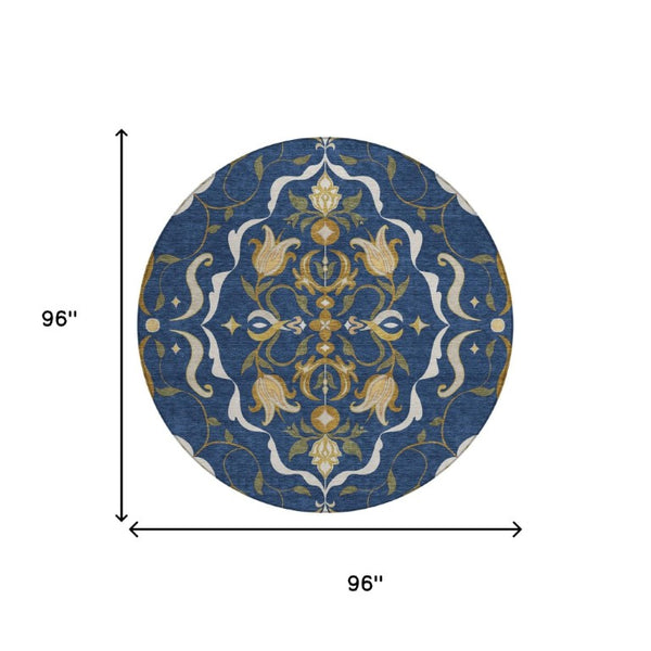 8 Foot Round Damask Polyester Area Rug Navy Blue Indoor Outdoor Washable