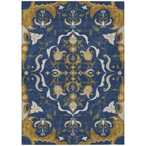 8x10 Navy Damask Washable Polyester Area Rug for Indoor Outdoor Living Spaces