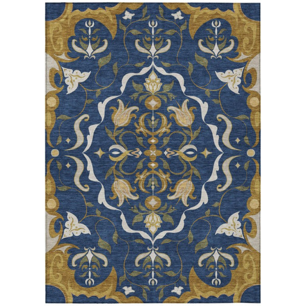 8x10 Navy Damask Washable Polyester Area Rug for Indoor Outdoor Living Spaces
