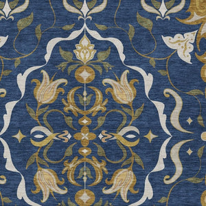 HomeRoots 8x10 Navy Damask Washable Polyester Area Rug for Indoor Outdoor Living Spaces 733917