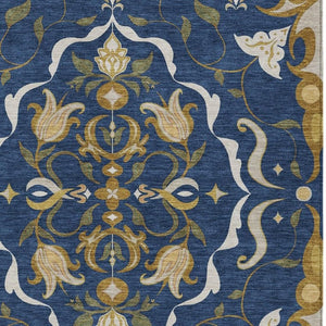 HomeRoots 9 X 12 Navy Damask Indoor Outdoor Area Rug Washable Polyester Patio Living Room 733918