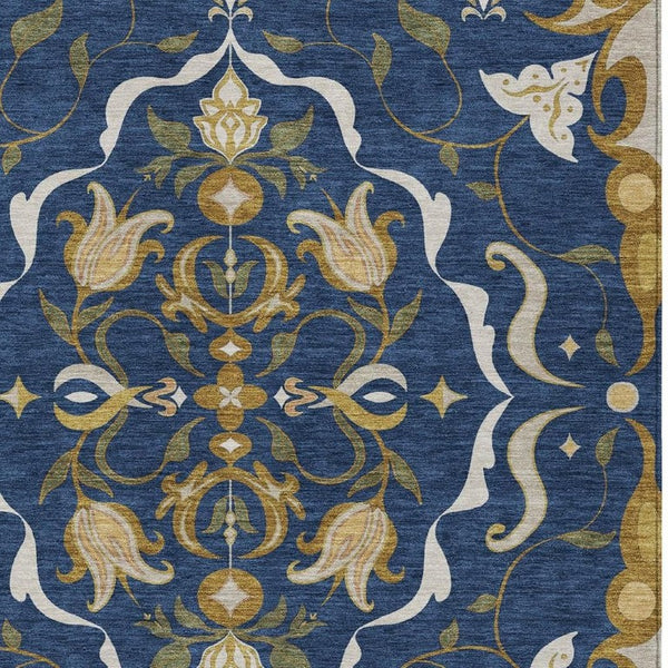 HomeRoots 9 X 12 Navy Damask Indoor Outdoor Area Rug Washable Polyester Patio Living Room 733918