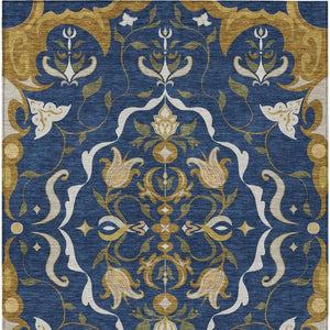 9 X 12 Navy Damask Indoor Outdoor Area Rug Washable Polyester Patio Living Room