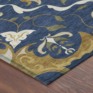 9 X 12 Navy Damask Indoor Outdoor Area Rug Washable Polyester Patio Living Room