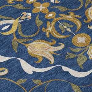 9 X 12 Navy Damask Indoor Outdoor Area Rug Washable Polyester Patio Living Room