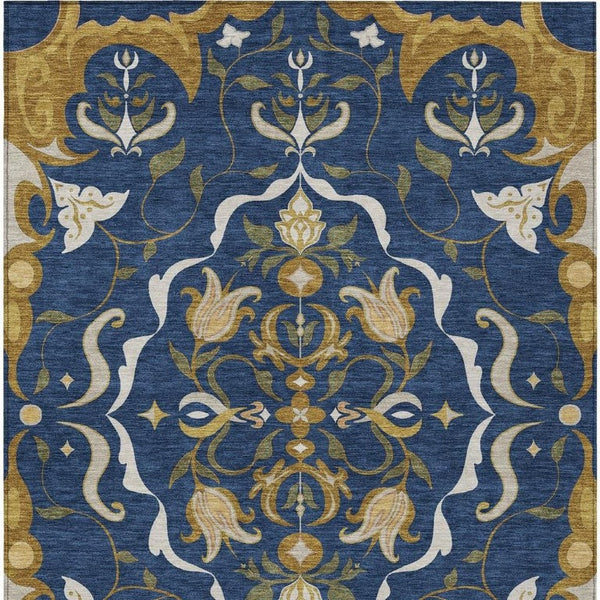 10x14 Navy Damask Polyester Area Rug Washable Indoor Outdoor Patio Living Room