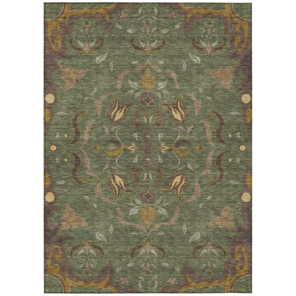 5x8 Olive Damask Washable Polyester Area Rug for Indoor Outdoor Patio Use