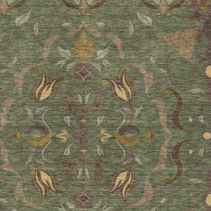 HomeRoots 5x8 Olive Damask Washable Polyester Area Rug for Indoor Outdoor Patio Use 733921