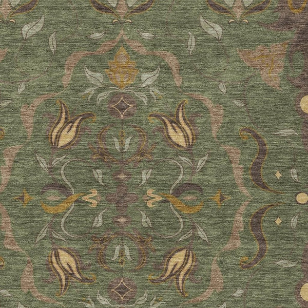 HomeRoots 5x8 Olive Damask Washable Polyester Area Rug for Indoor Outdoor Patio Use 733921