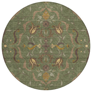 HomeRoots 8ft Round Damask Polyester Area Rug Washable for Indoor Outdoor Patio Use 733922