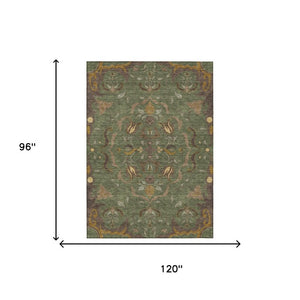 8 X 10 Olive Green Damask Washable Polyester Indoor Outdoor Rug for Patio Porch