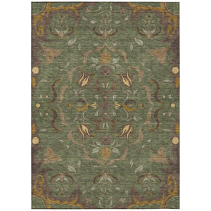 9 X 12 Olive Damask Polyester Area Rug Washable for Indoor Outdoor Spaces