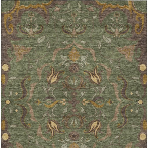 HomeRoots 9 X 12 Olive Damask Polyester Area Rug Washable for Indoor Outdoor Spaces 733924