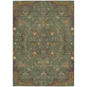 9 X 12 Olive Damask Polyester Area Rug Washable for Indoor Outdoor Spaces