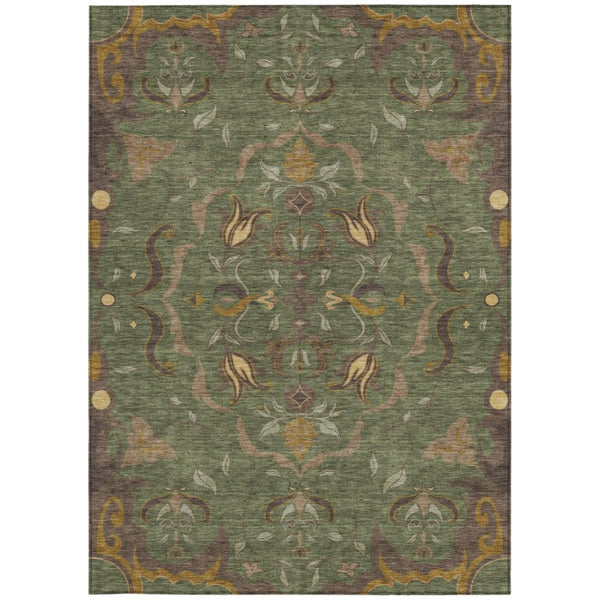 9 X 12 Olive Damask Polyester Area Rug Washable for Indoor Outdoor Spaces