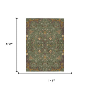 9 X 12 Olive Damask Polyester Area Rug Washable for Indoor Outdoor Spaces