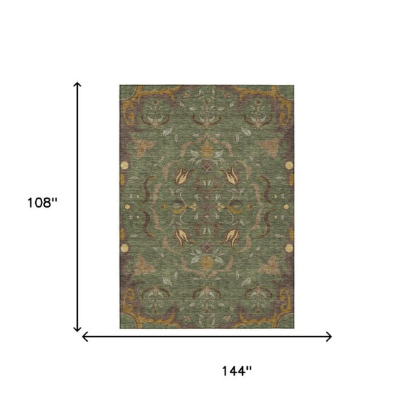 9 X 12 Olive Damask Polyester Area Rug Washable for Indoor Outdoor Spaces