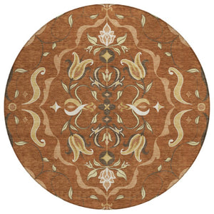 8 Ft Round Damask Polyester Area Rug Machine Washable for Indoor Outdoor Spaces