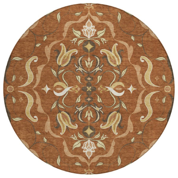 8 Ft Round Damask Polyester Area Rug Machine Washable for Indoor Outdoor Spaces