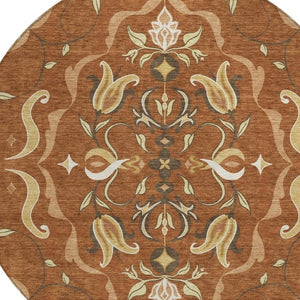 HomeRoots 8 Ft Round Damask Polyester Area Rug Machine Washable for Indoor Outdoor Spaces 733928