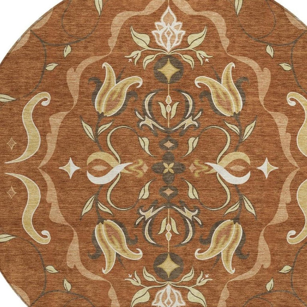 HomeRoots 8 Ft Round Damask Polyester Area Rug Machine Washable for Indoor Outdoor Spaces 733928
