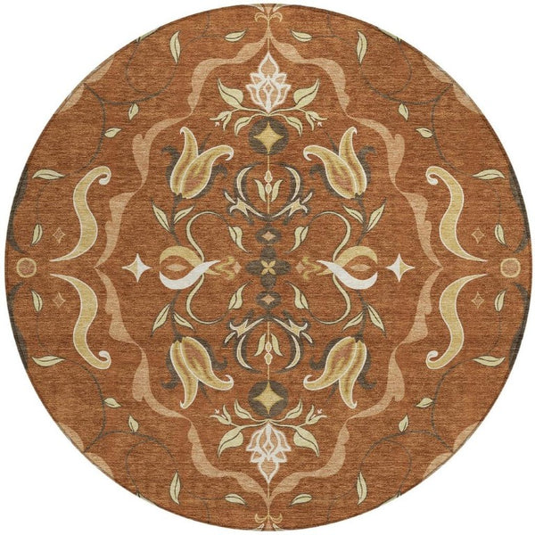 8 Ft Round Damask Polyester Area Rug Machine Washable for Indoor Outdoor Spaces