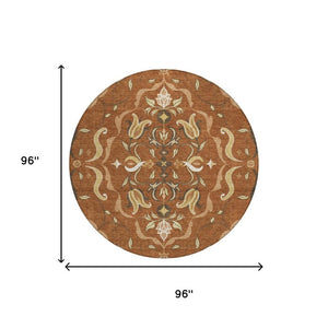 8 Ft Round Damask Polyester Area Rug Machine Washable for Indoor Outdoor Spaces