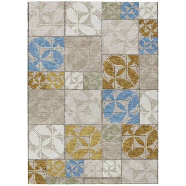 5x8 Geometric Beige Brown Polyester Area Rug Washable Indoor Outdoor Patio
