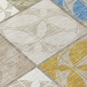 5x8 Geometric Beige Brown Polyester Area Rug Washable Indoor Outdoor Patio
