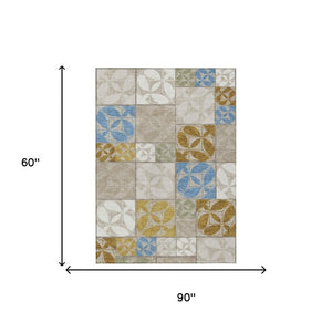 5x8 Geometric Beige Brown Polyester Area Rug Washable Indoor Outdoor Patio