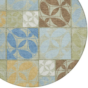 HomeRoots 8 Foot Round Geometric Polyester Area Rug Machine Washable for Indoor Outdoor Spaces 733952