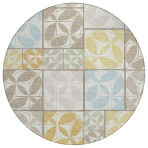 8 Ft Round Geometric Polyester Area Rug Washable Indoor Outdoor Ivory Neutral